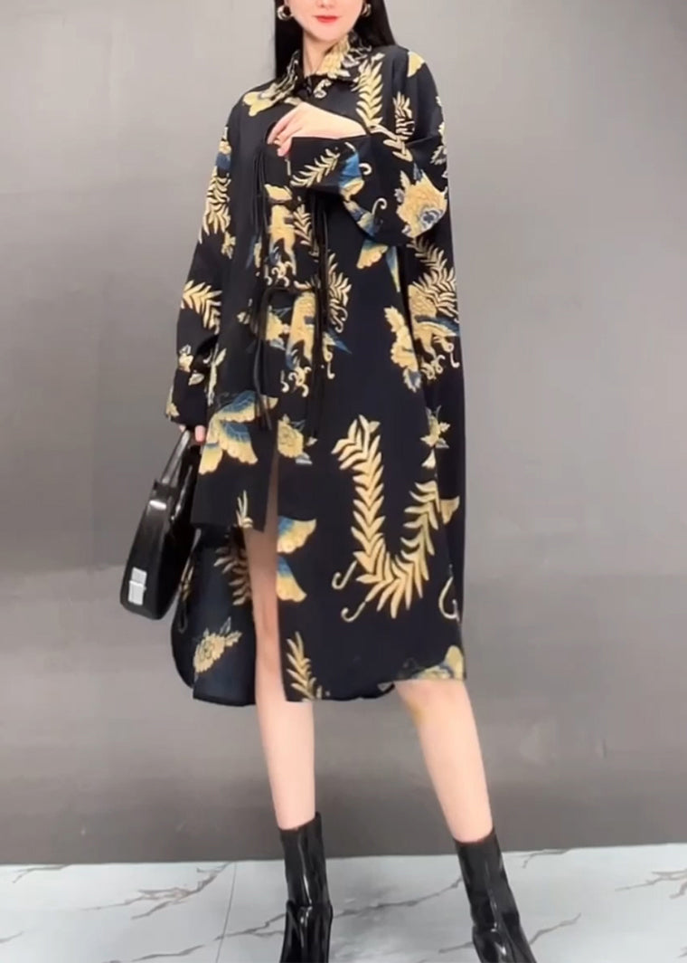 Black Peter Pan Collar Asymmetrical Print Long Dress Spring
