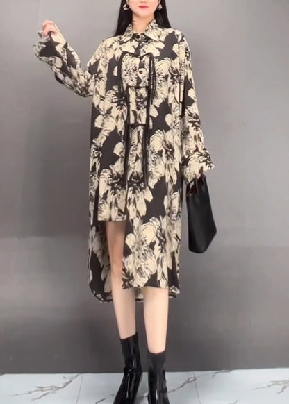 Black Peter Pan Collar Asymmetrical Print Long Dress Spring