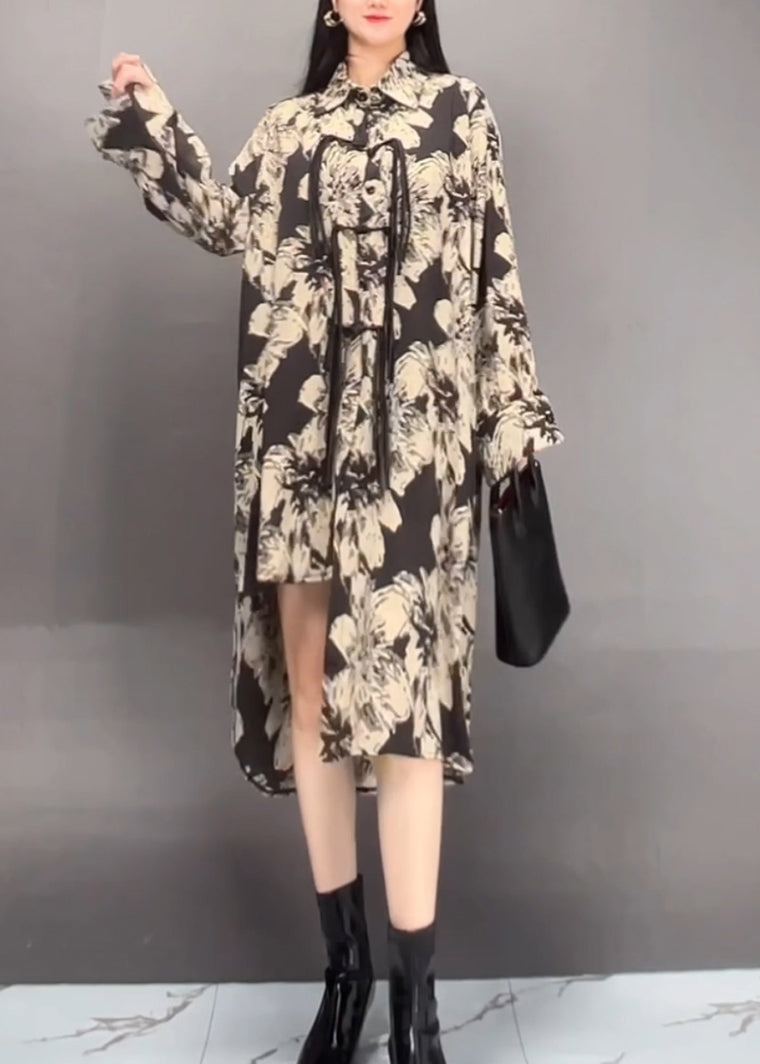 Black Peter Pan Collar Asymmetrical Print Long Dress Spring