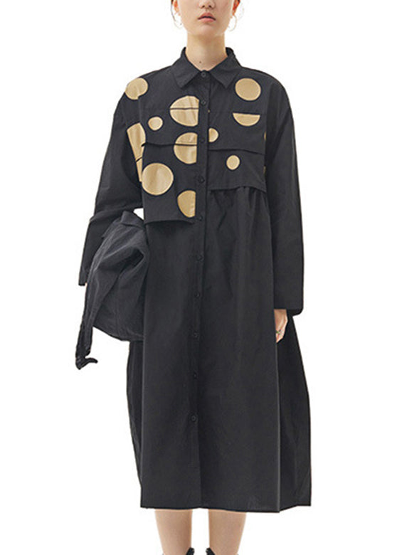Black Peter Pan Collar Dot Patchwork Button Cotton Long Dress Spring