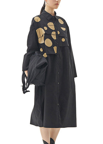 Black Peter Pan Collar Dot Patchwork Button Cotton Long Dress Spring