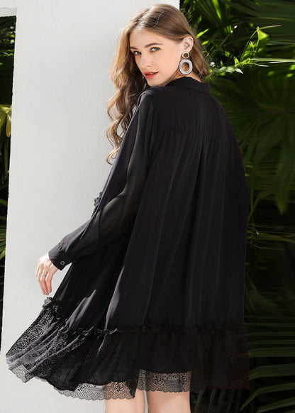 Black Peter Pan Collar Lace Patchwork Chiffon Holiday Dress Spring