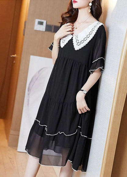 Black Peter Pan Collar Patchwork Chiffon Maxi Dresses Summer