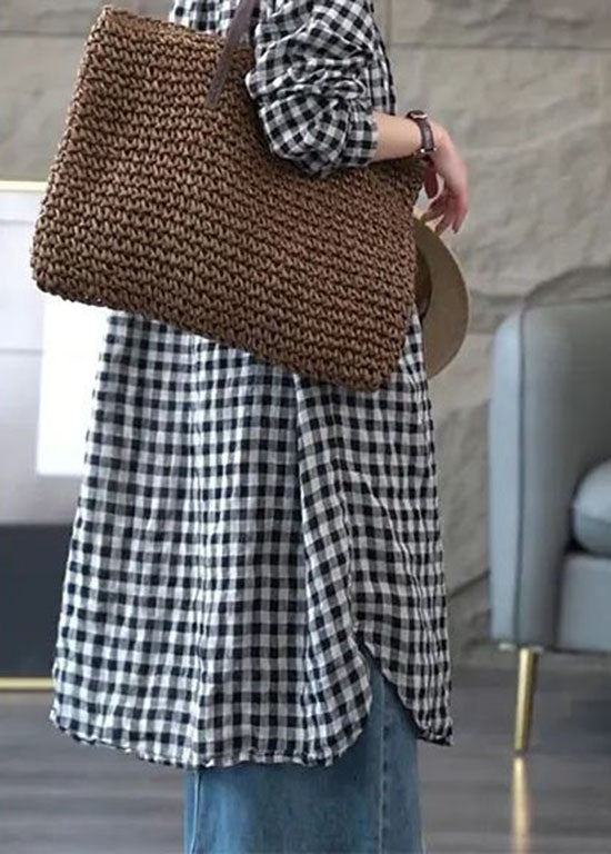 Black Peter Pan Collar Plaid Cotton Shirt Top Spring