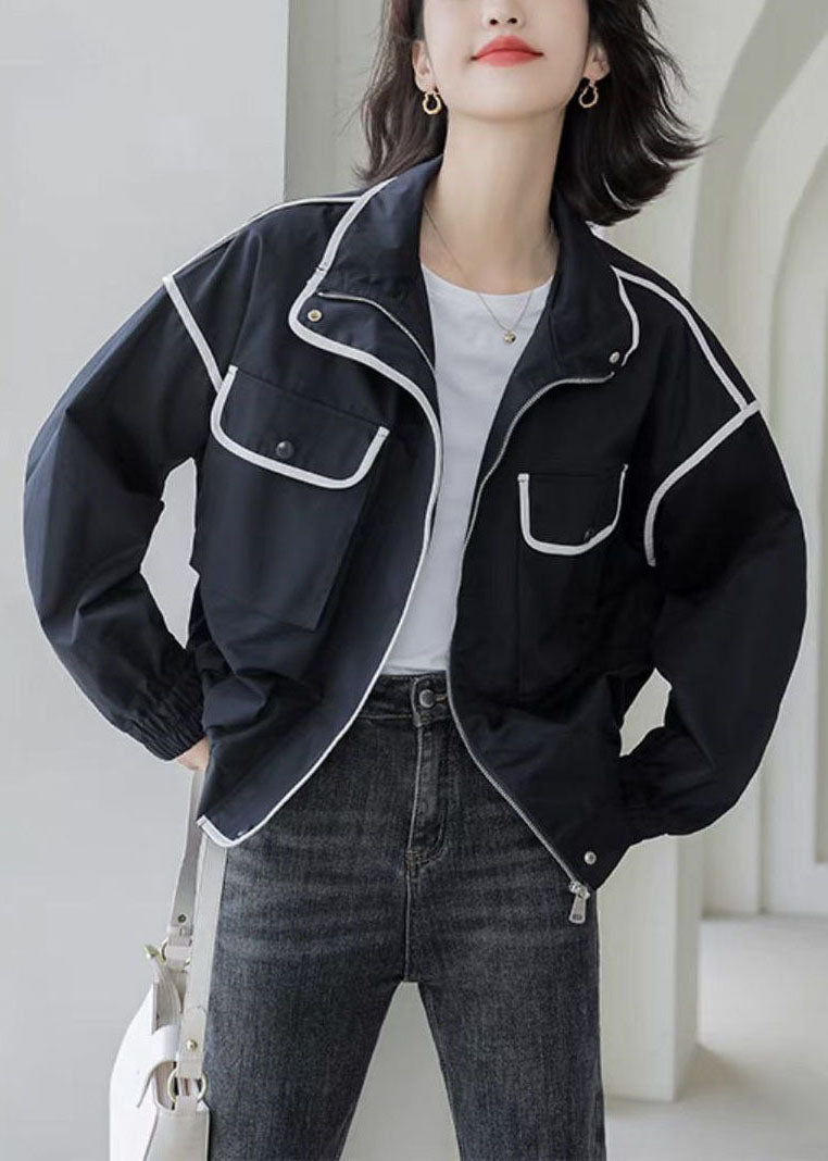 Black Peter Pan Collar Pockets Coat Spring