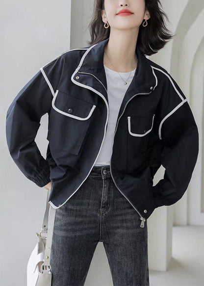 Black Peter Pan Collar Pockets Coat Spring