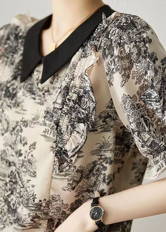 Black Peter Pan Collar Print Patchwork Chiffon Shirt Summer