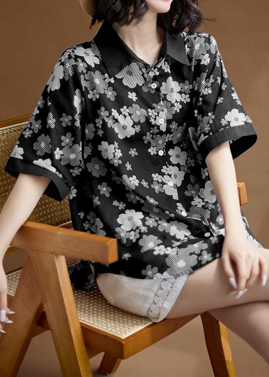 Black Peter Pan Collar Print Patchwork Cotton Shirts Top Summer