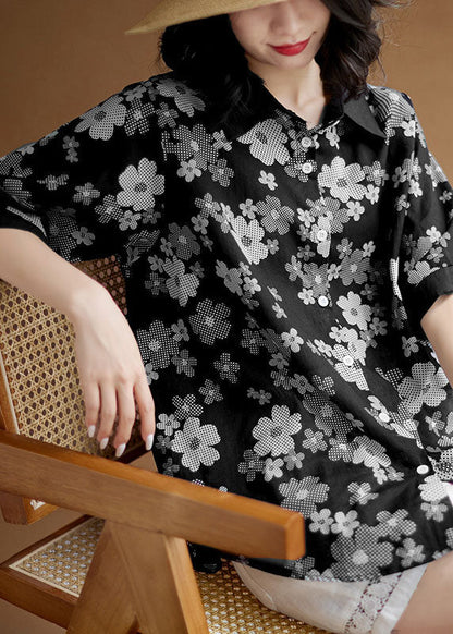Black Peter Pan Collar Print Patchwork Cotton Shirts Top Summer