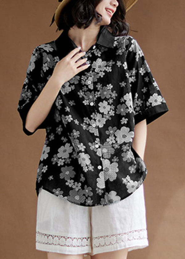 Black Peter Pan Collar Print Patchwork Cotton Shirts Top Summer