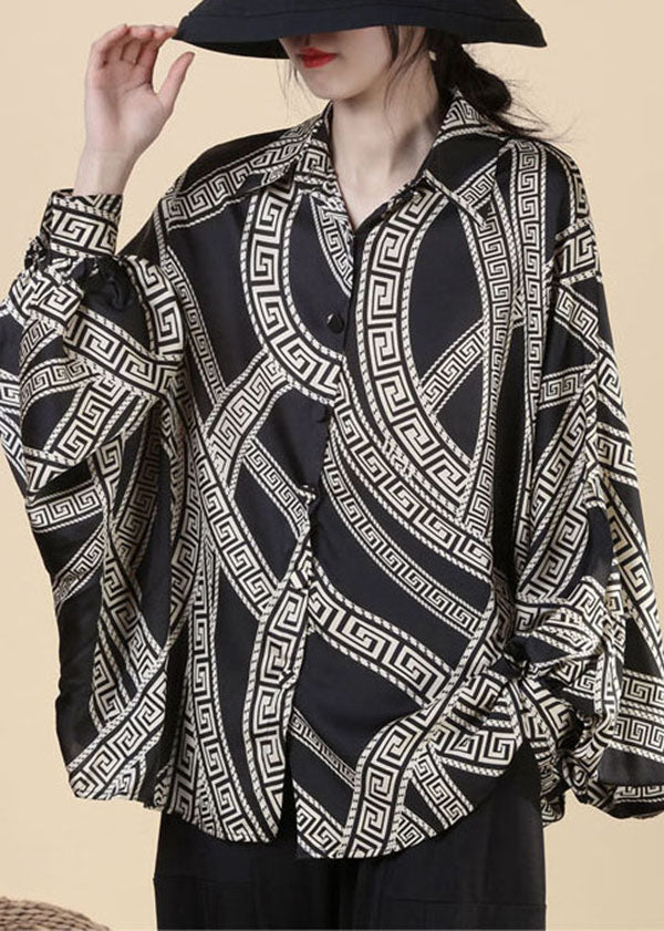 Black Peter Pan Collar Print Silk Shirts Top Long Sleeve