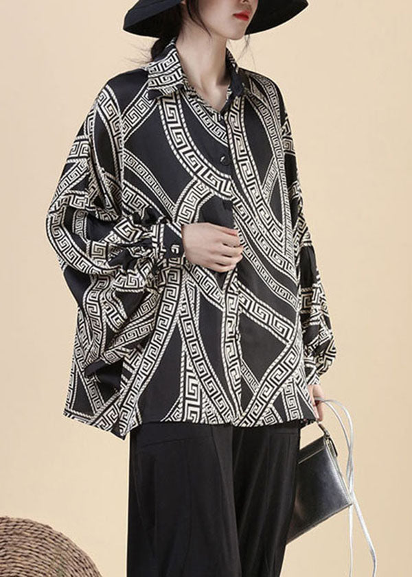 Black Peter Pan Collar Print Silk Shirts Top Long Sleeve