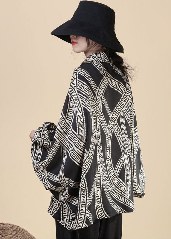 Black Peter Pan Collar Print Silk Shirts Top Long Sleeve