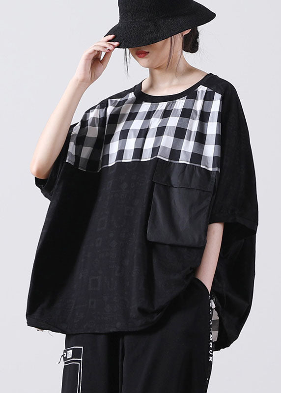 Black Pocket Plaid Cotton Shirt Tops Short Sleeve