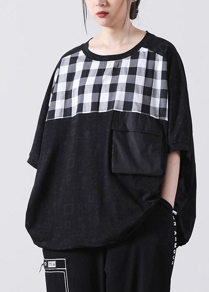Black Pocket Plaid Cotton Shirt Tops Short Sleeve