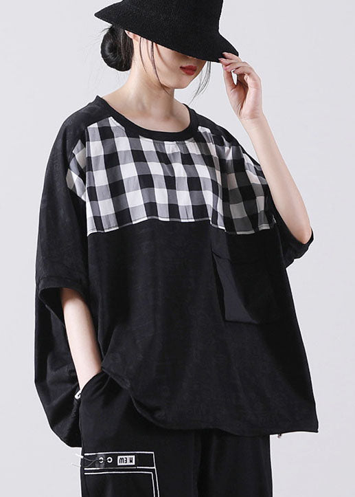 Black Pocket Plaid Cotton Shirt Tops Short Sleeve