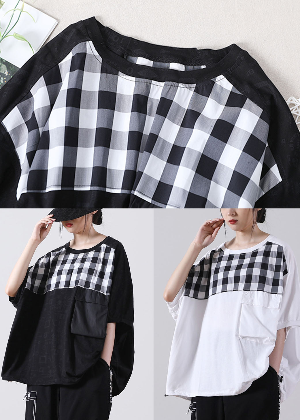 Black Pocket Plaid Cotton Shirt Tops Short Sleeve