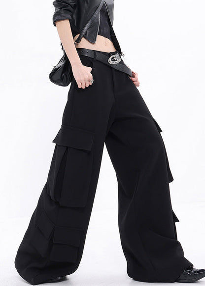 Black Pockets Cotton Wide Leg Pants Fall
