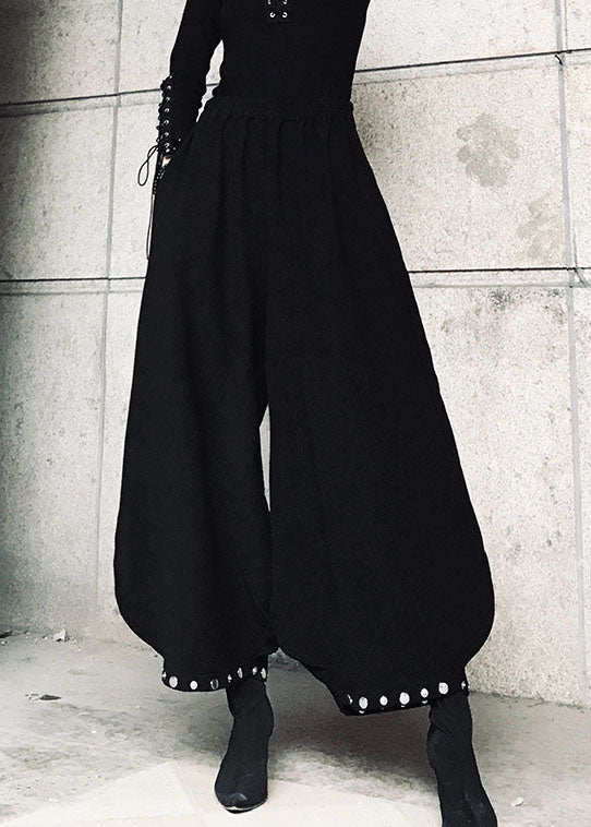 Black Pockets Cotton Lantern Pants Spring