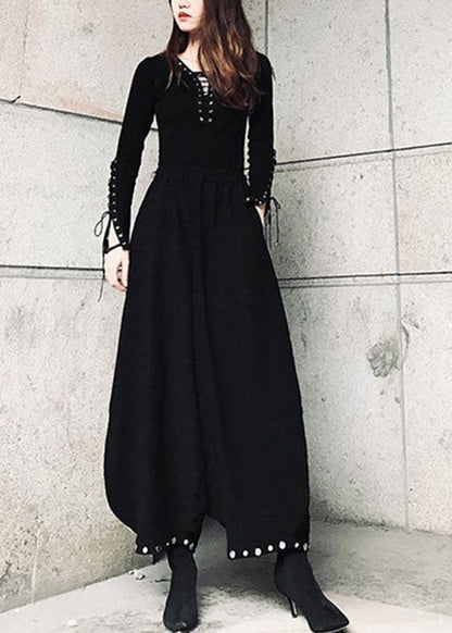 Black Pockets Cotton Lantern Pants Spring