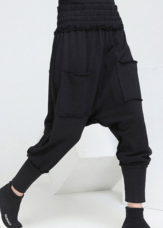 Black Pockets Elastic Waist Fall Harem Pants