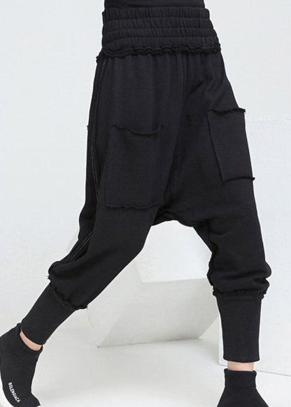 Black Pockets Elastic Waist Fall Harem Pants