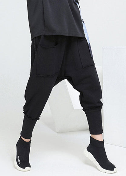 Black Pockets Elastic Waist Fall Harem Pants