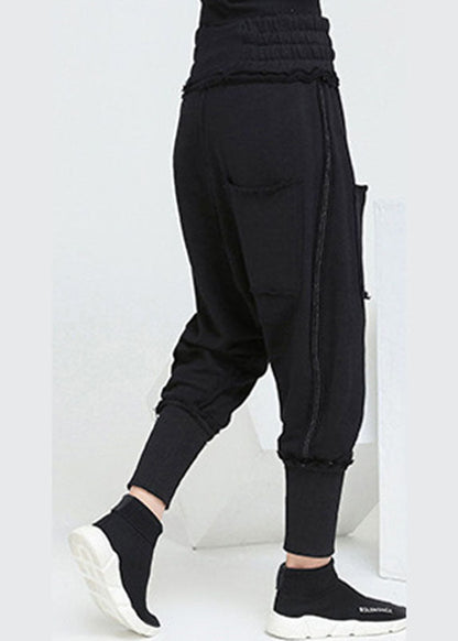 Black Pockets Elastic Waist Fall Harem Pants
