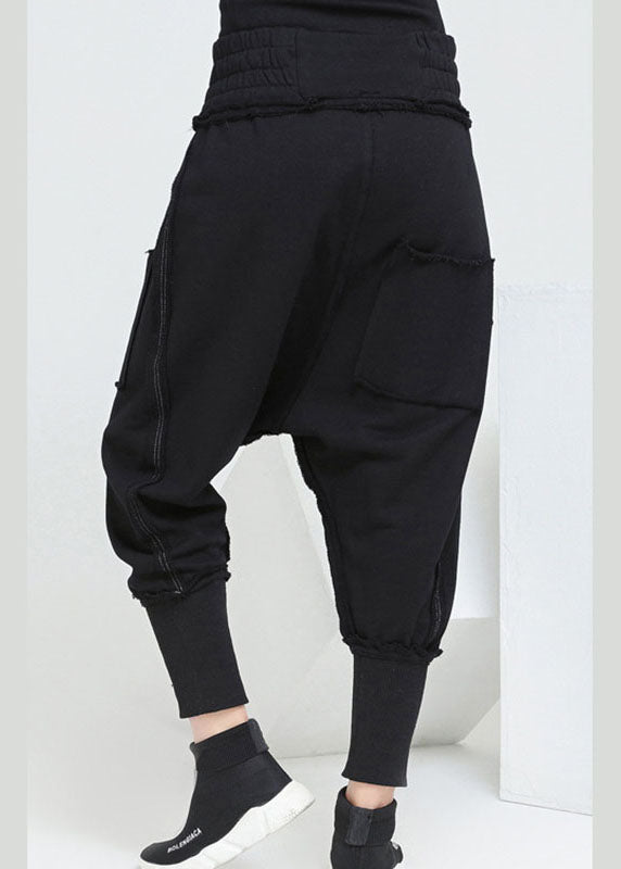 Black Pockets Elastic Waist Fall Harem Pants