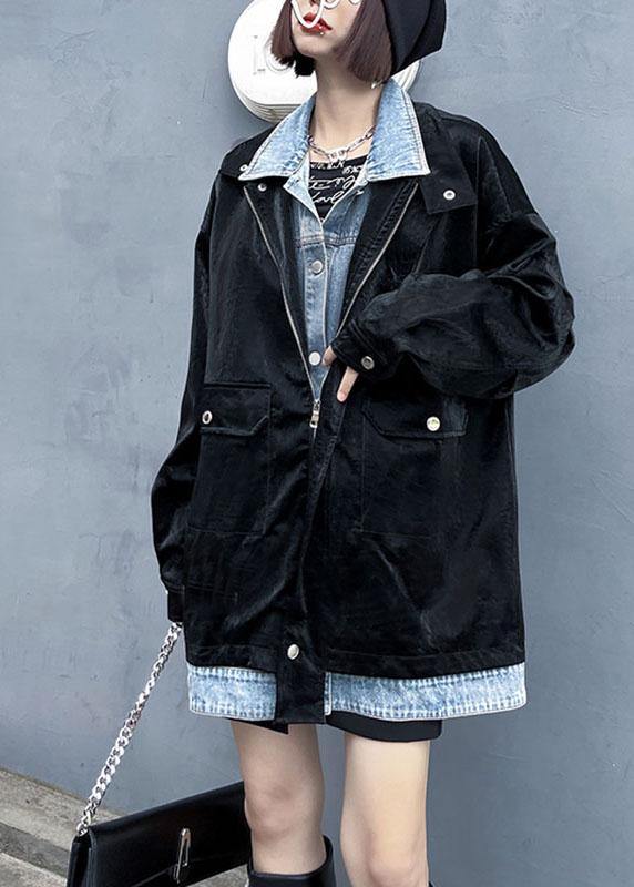 Black Pockets Patchwork Button Fall Long Sleeve Coat