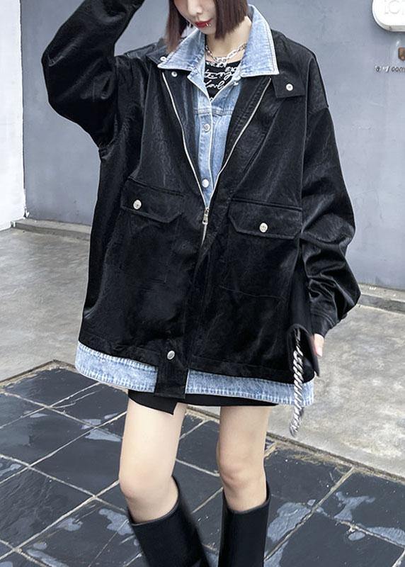 Black Pockets Patchwork Button Fall Long Sleeve Coat