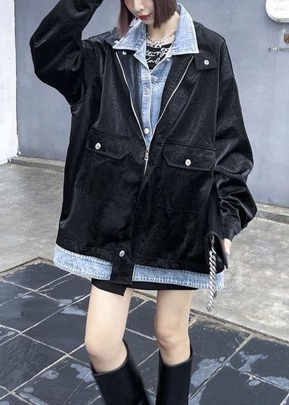 Black Pockets Patchwork Button Fall Long Sleeve Coat