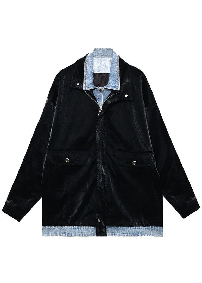 Black Pockets Patchwork Button Fall Long Sleeve Coat