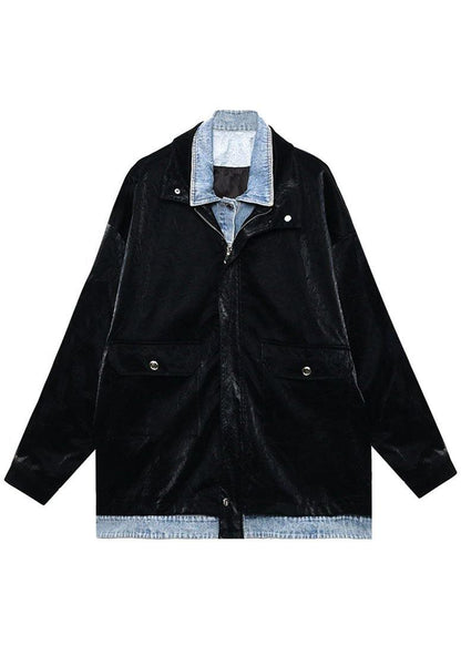 Black Pockets Patchwork Button Fall Long Sleeve Coat