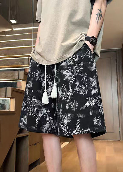 Black Pockets Print Elastic Waist Shorts Apparel Summer