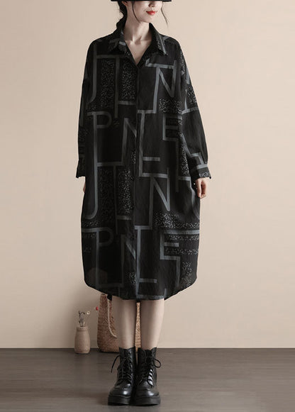 Black Print Button Patchwork Linen Shirts Dress Spring