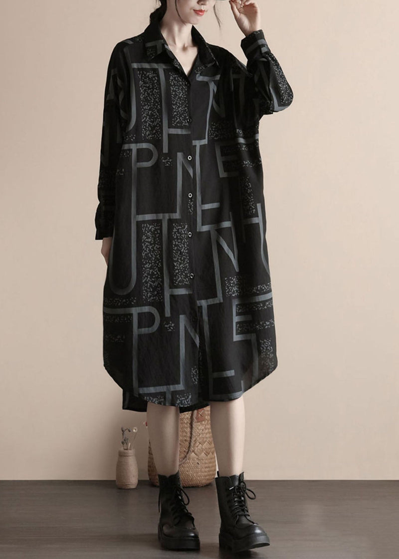 Black Print Button Patchwork Linen Shirts Dress Spring