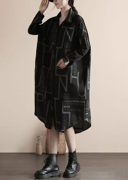 Black Print Button Patchwork Linen Shirts Dress Spring
