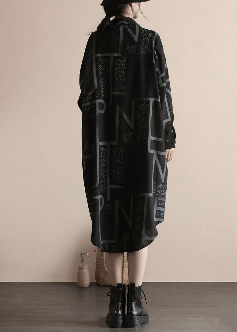 Black Print Button Patchwork Linen Shirts Dress Spring
