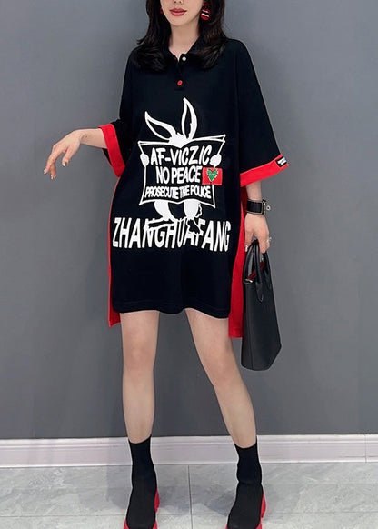 Black Print Patchwork Button Vacation Mid Dress Summer