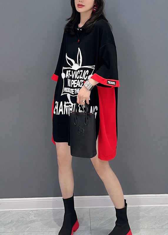 Black Print Patchwork Button Vacation Mid Dress Summer