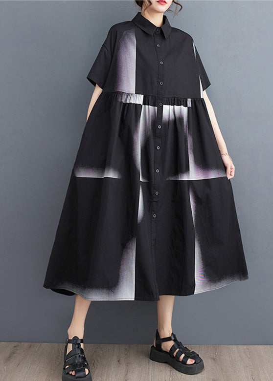 Black Print Patchwork Drawstring Button Maxi Dress Summer