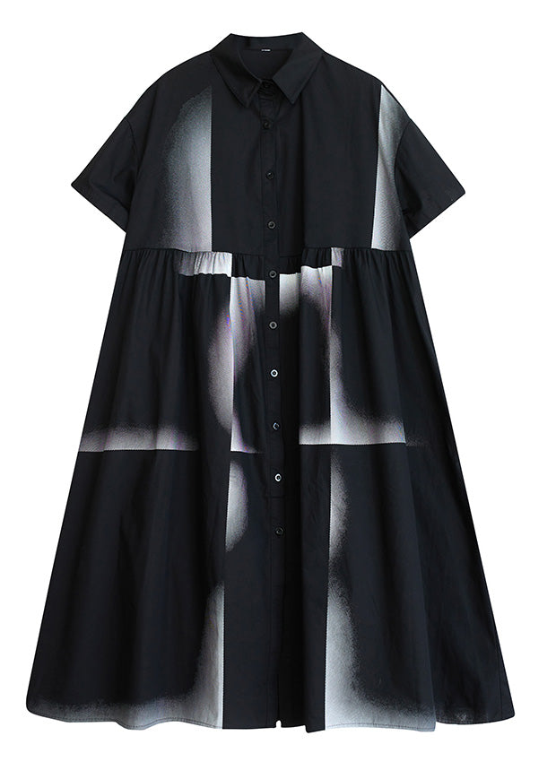 Black Print Patchwork Drawstring Button Maxi Dress Summer