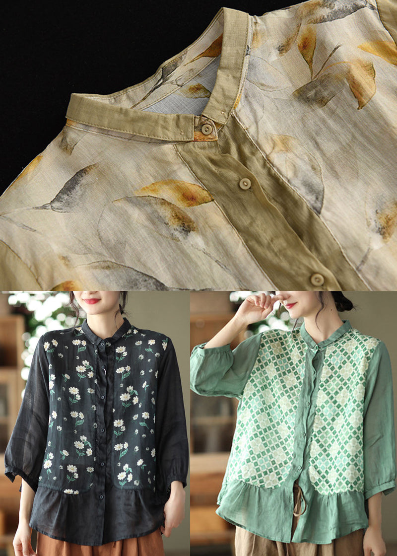 Black Print Patchwork Linen Shirt Three Quarter Sleeve