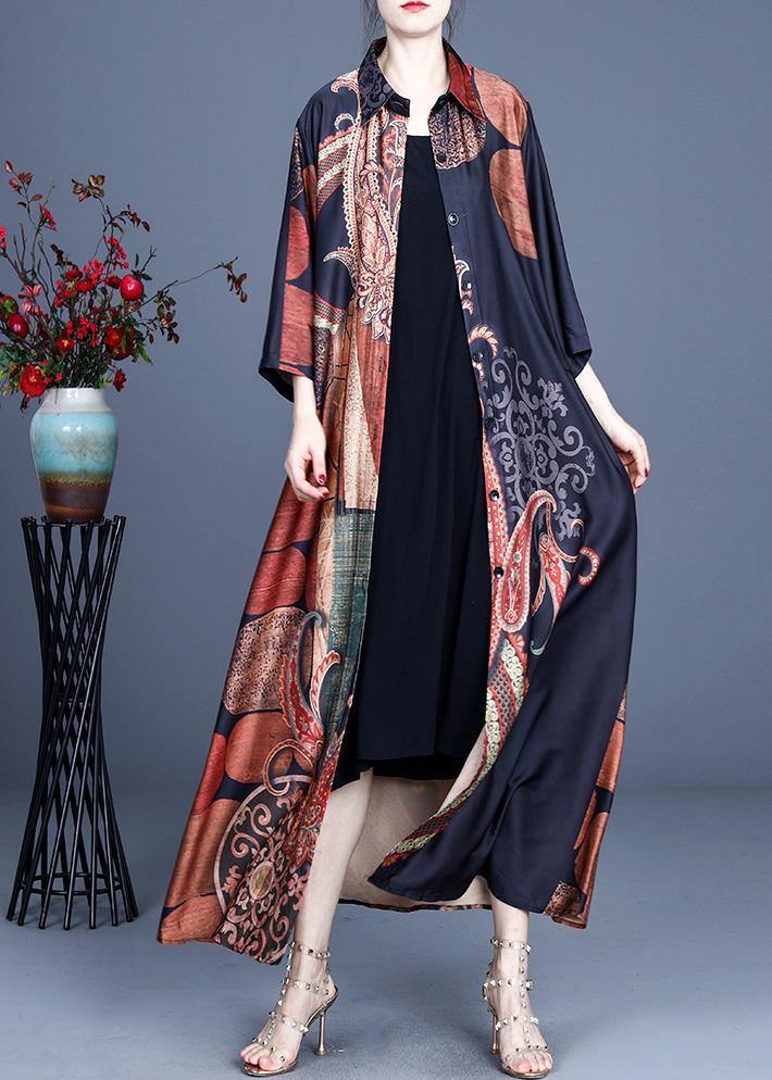 Black Print Summer Silk Peter Pan Collar Cardigan Long