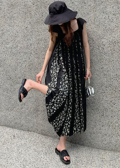 Black Print Wrinkled Patchwork Cotton Dresses Summer