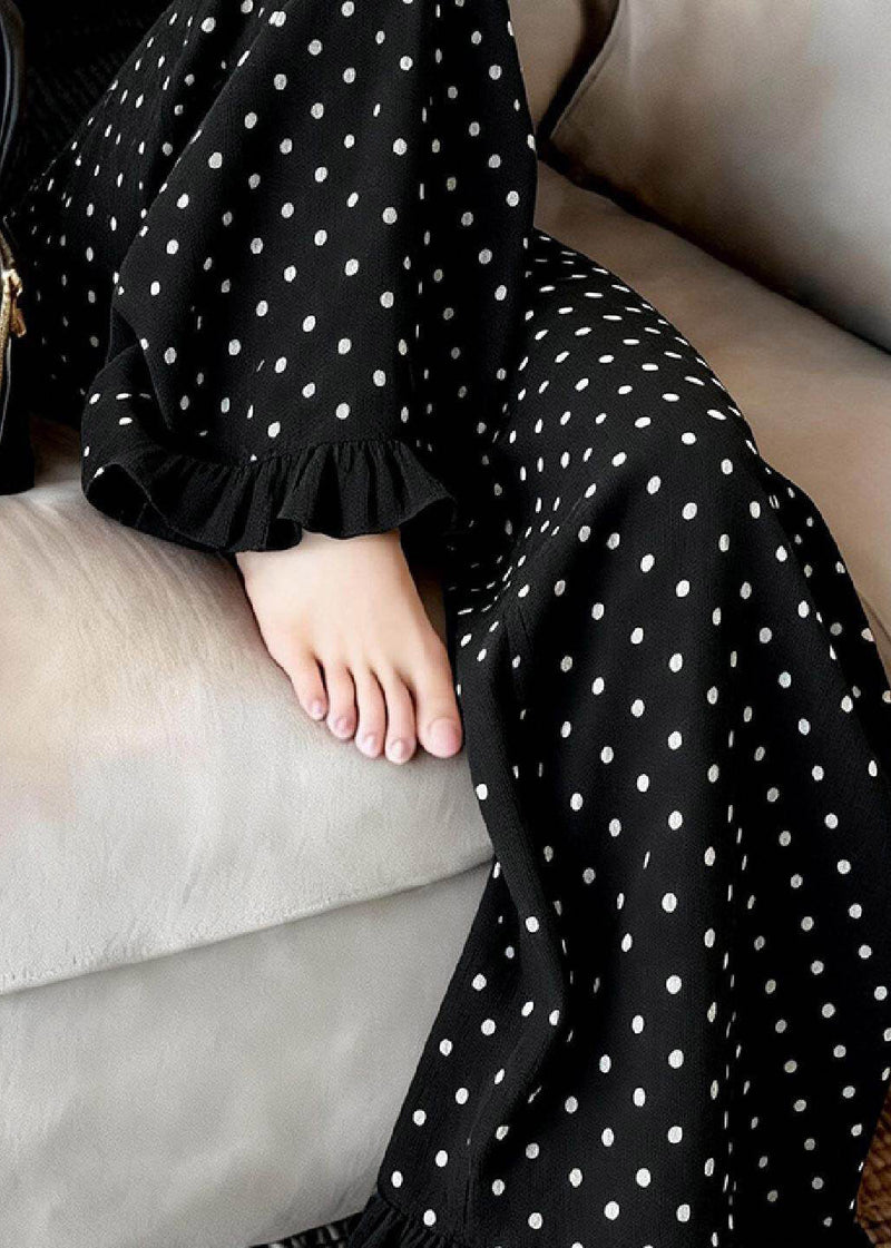 Black Ruffled Dot Print Wide Leg Pants Summer