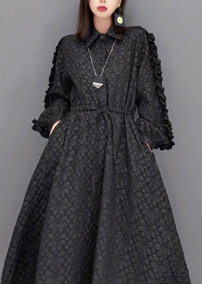 Black Ruffled Jacquard Patchwork Cotton Long Dress Fall