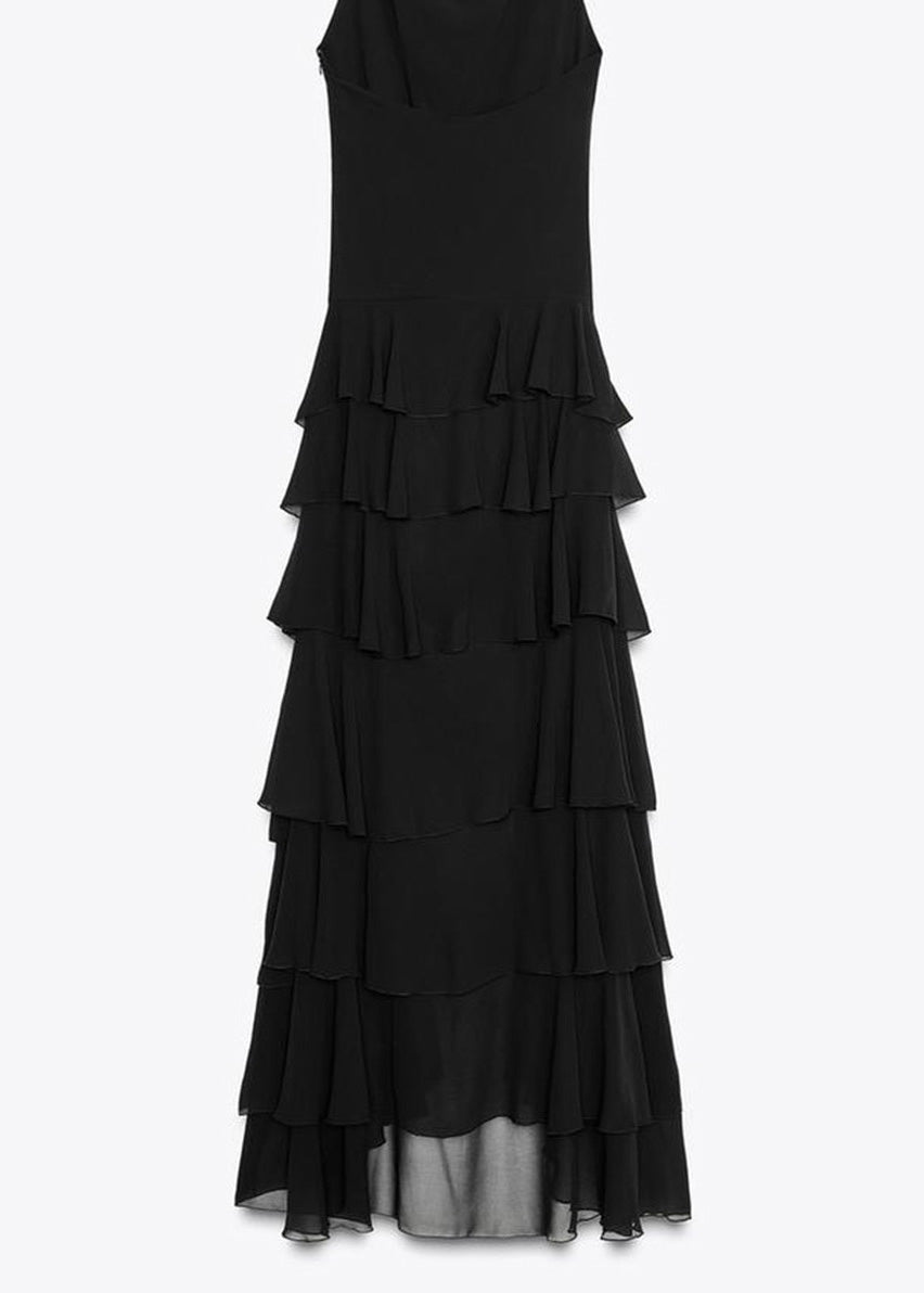 Black Ruffled Low High Design Chiffon Dresses Sleeveless