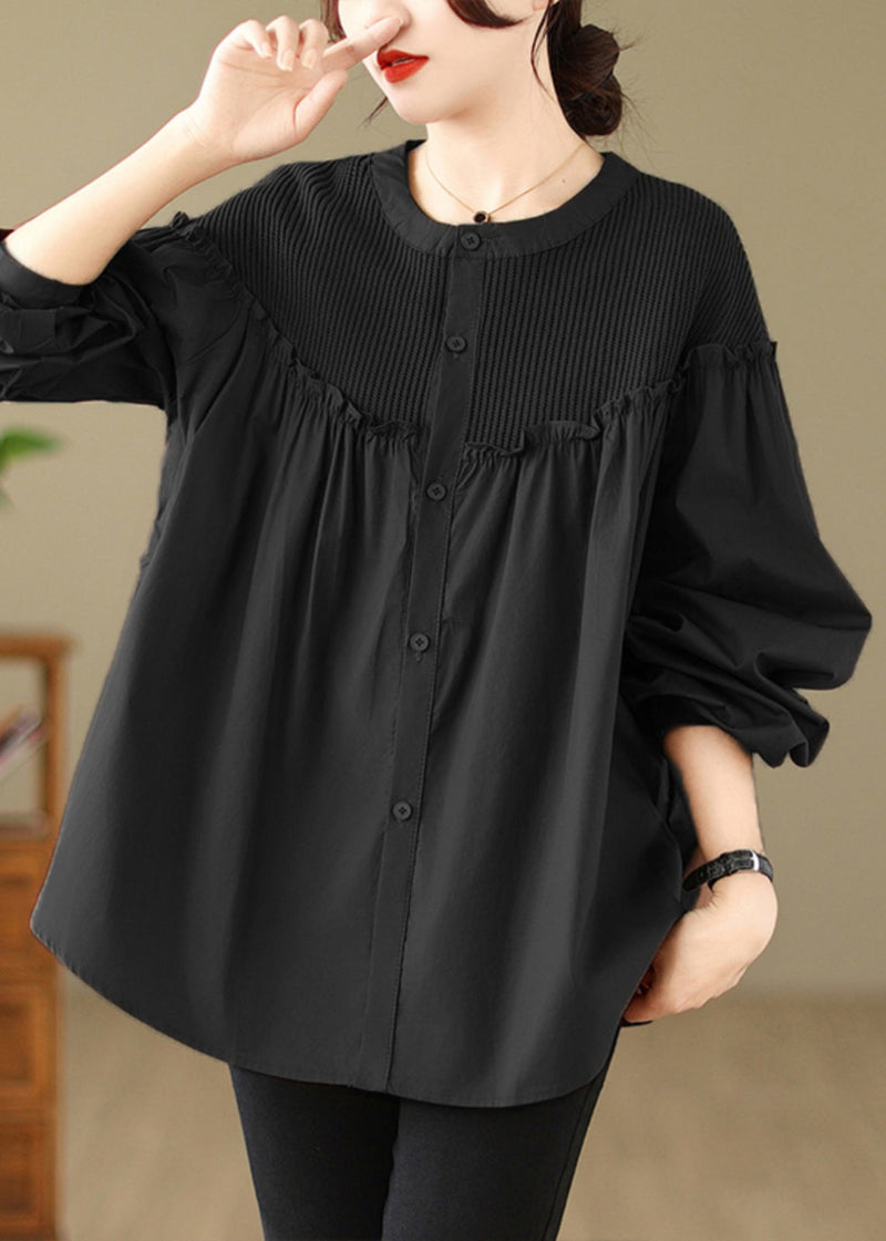 Black Ruffled Patchwork Button Top Spring